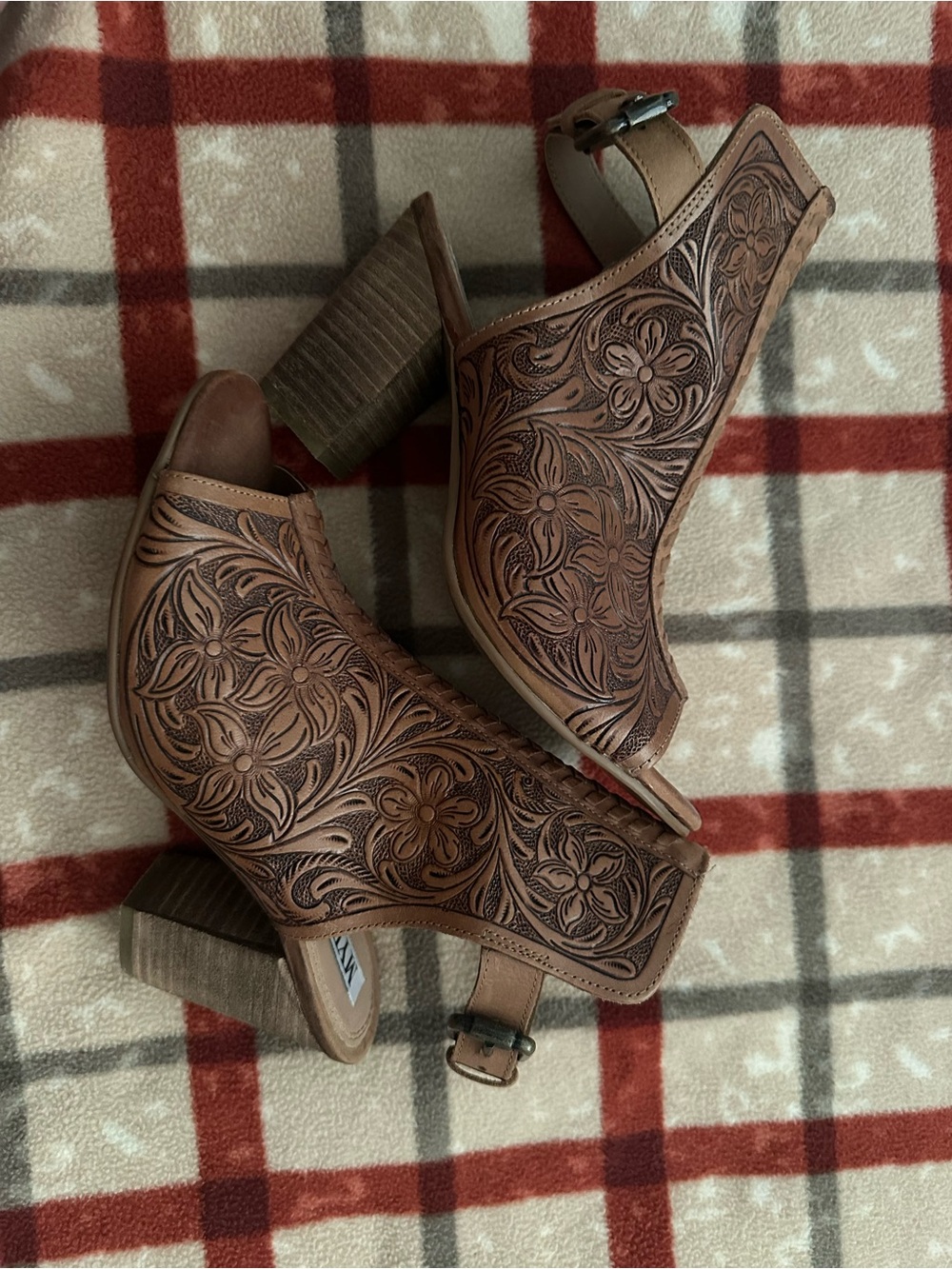 Myra Brown Floral Tooled Open-Toe Slingback Block Heels
